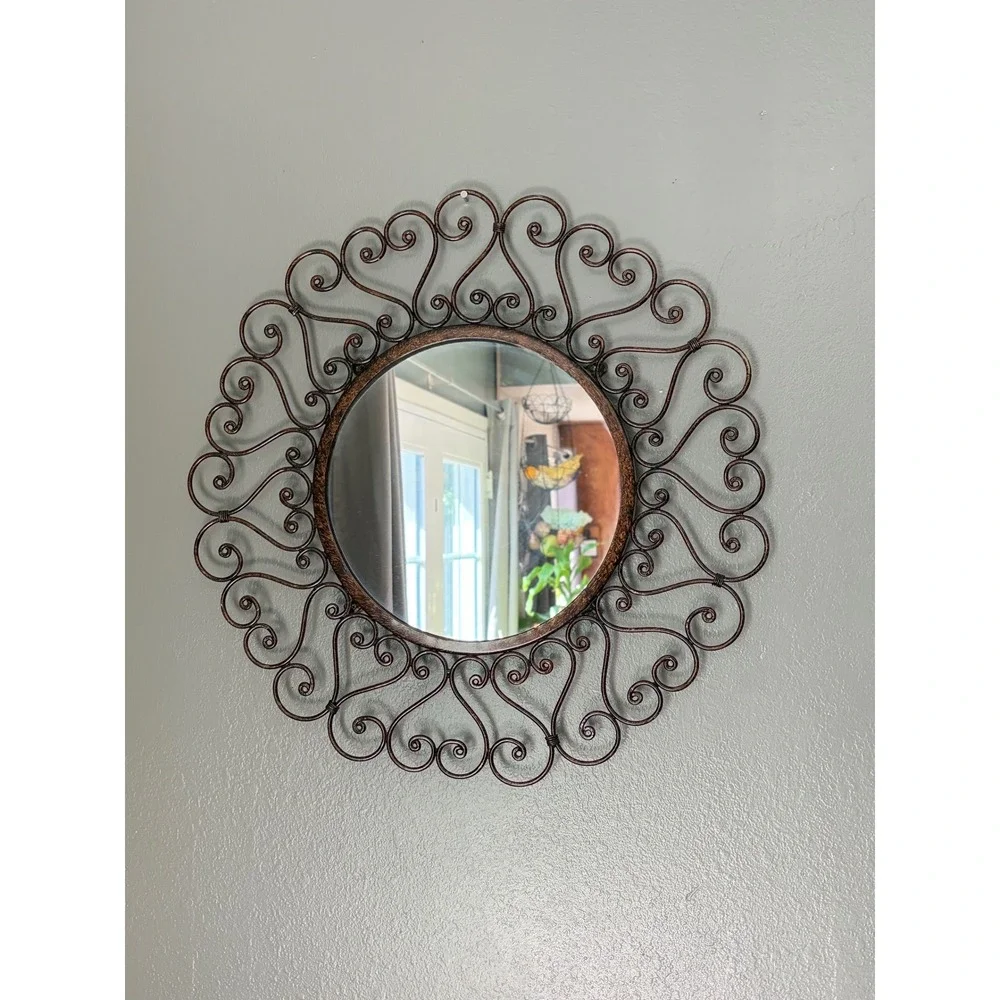 Round Wrought Iron Scrollwork Wall Mirror Bronze Heart Motif 23.5